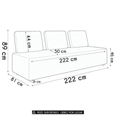 Sofá 3 Lugares 222cm Sala De Estar Rovier Sintético Preto Z32 - Mpozenato