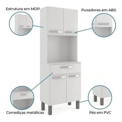 Armário de Cozinha 4 Portas 1 Gaveta MDF 62CM Branco Acabamento Brilhante