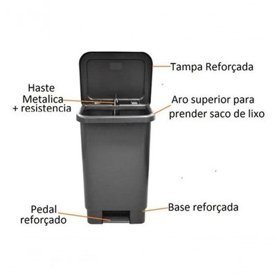 Kit 3 Lixeira com Tampa e Pedal Retangular 50L Polipropileno com Aro e Haste de Metal Preto