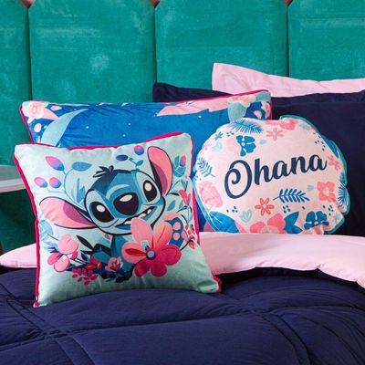 Kit Edredom Stich Azul Marinho/rosa Com Almofadas Casal 07 Peças - Dupla Face Percal 300 Fios 100% Algodão Original