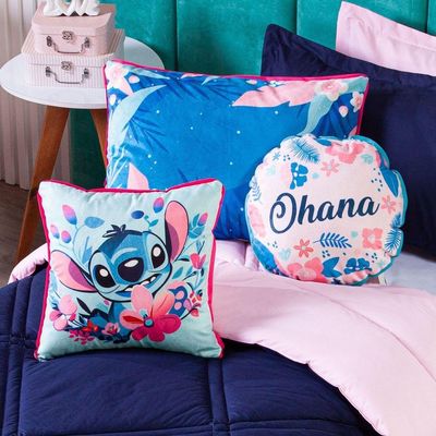 Kit Edredom Stich Azul Marinho/rosa Com Almofadas Casal 07 Peças - Dupla Face Percal 300 Fios 100% Algodão Original