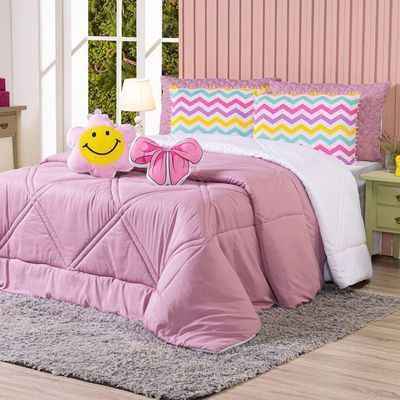 Kit Edredom Solteiro Menina Teen Rosa Com Almofadas Estampadas 05 Peças - Dupla Face Percal 300 Fios Cor Laço