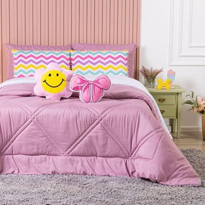 Kit Edredom Solteiro Menina Teen Rosa Com Almofadas Estampadas 05 Peças - Dupla Face Percal 300 Fios Cor Laço