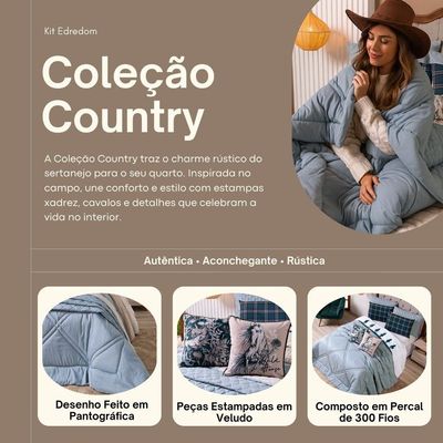 Kit Edredom King Country Com Almofadas Estampadas 07 Peças - Dupla Face Percal 300 Fios Cor Verde