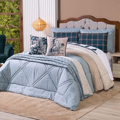 Kit Edredom King Country Com Almofadas Estampadas 07 Peças - Dupla Face Percal 300 Fios Cor Verde