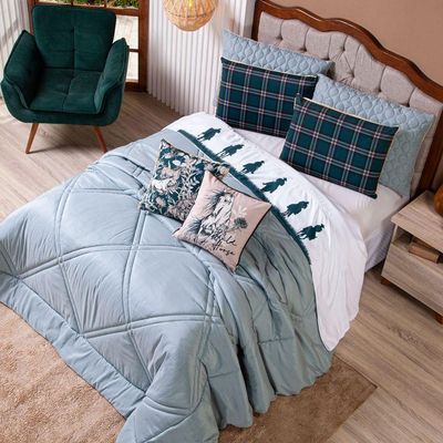 Kit Edredom King Country Com Almofadas Estampadas 07 Peças - Dupla Face Percal 300 Fios Cor Verde