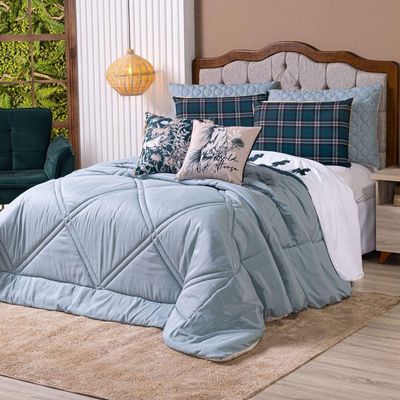 Kit Edredom King Country Com Almofadas Estampadas 07 Peças - Dupla Face Percal 300 Fios Cor Verde