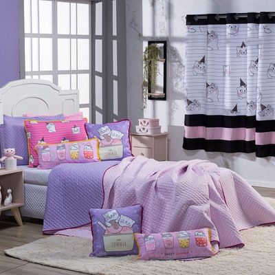 Kit Cobre Leito Colcha Queen Gatinhos Rosa/lilás Dupla Face Com Almofadas Estampadas 07 Peças