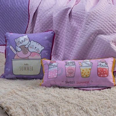 Kit Cobre Leito Colcha Queen Gatinhos Rosa/lilás Dupla Face Com Almofadas Estampadas 07 Peças