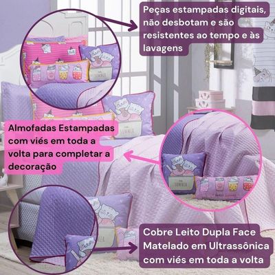 Kit Cobre Leito Colcha Queen Gatinhos Rosa/lilás Dupla Face Com Almofadas Estampadas 07 Peças