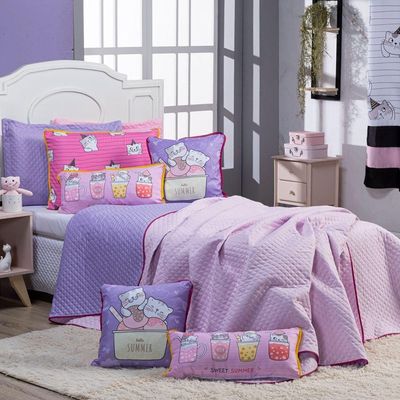 Kit Cobre Leito Colcha Queen Gatinhos Rosa/lilás Dupla Face Com Almofadas Estampadas 07 Peças
