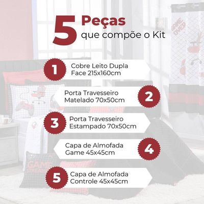 Kit Cobre Leito Colcha Solteiro Game Streamer Dupla Face Com Almofadas Estampadas 05 Peças Cor Vermelho