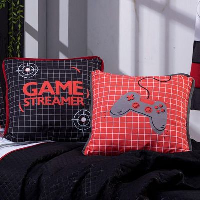 Kit Cobre Leito Colcha Solteiro Game Streamer Dupla Face Com Almofadas Estampadas 05 Peças Cor Vermelho