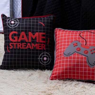 Kit Cobre Leito Colcha Solteiro Game Streamer Dupla Face Com Almofadas Estampadas 05 Peças Cor Vermelho