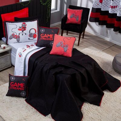 Kit Cobre Leito Colcha Solteiro Game Streamer Dupla Face Com Almofadas Estampadas 05 Peças Cor Vermelho