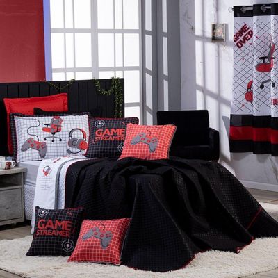 Kit Cobre Leito Colcha Solteiro Game Streamer Dupla Face Com Almofadas Estampadas 05 Peças Cor Vermelho