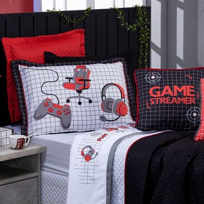 Kit Cobre Leito Colcha Solteiro Game Streamer Dupla Face Com Almofadas Estampadas 05 Peças Cor Vermelho