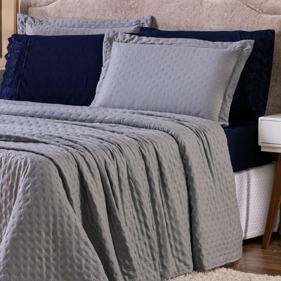 Kit Cobre Leito Colcha King Sublime Dupla Face Com Fronhas 03 Peças - Percal 300 Fios Toque De Pluma Cor Cinza