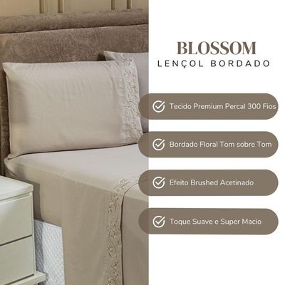 Jogo De Cama Lençol King Blossom Bordado Floral Percal 300 Fios Com Fronhas 04 Peças - Toque Acetinado Cor Caqui