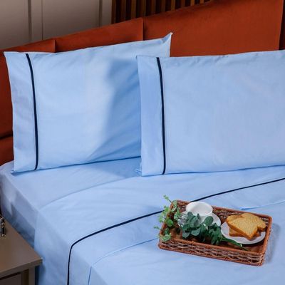 Jogo De Cama Lençol Queen Milano Liso Com Fronhas Viés 04 Peças - Percal Algodão 200 Fios Cor Azul