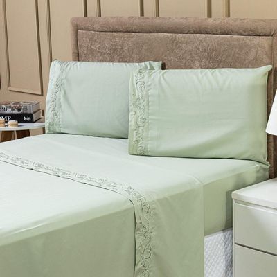 Jogo De Cama Lençol Queen Blossom Bordado Floral Percal 300 Fios Com Fronhas 04 Peças - Toque Acetinado Cor Verde
