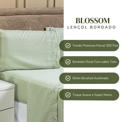 Jogo De Cama Lençol Queen Blossom Bordado Floral Percal 300 Fios Com Fronhas 04 Peças - Toque Acetinado Cor Verde