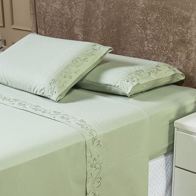 Jogo De Cama Lençol Queen Blossom Bordado Floral Percal 300 Fios Com Fronhas 04 Peças - Toque Acetinado Cor Verde
