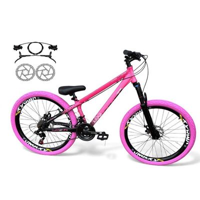 Bicicleta aro26 Vikingx Tuff X44 Freio Hidráulico 21v Freeride Rodas Vmaxx Pneu Flame RosaPreto