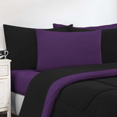 Kit Edredom + Jogo De Lençol Malha 100% Algodão Gran Moratta 4 Peças Solteiro - Preto/Roxo
