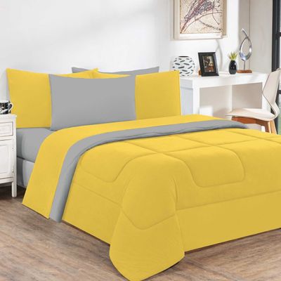 Kit Edredom + Jogo De Lençol Malha 100% Algodão Gran Moratta 7 Peças King - Amarelo/Cinza