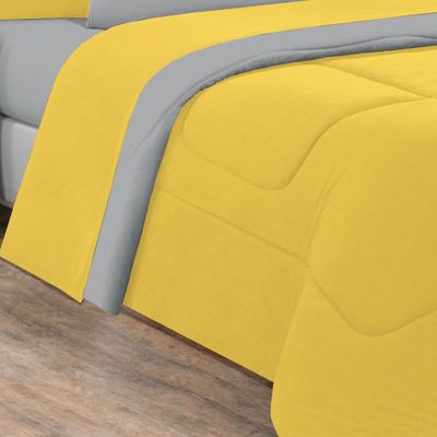 Kit Edredom + Jogo De Lençol Malha 100% Algodão Gran Moratta 7 Peças King - Amarelo/Cinza