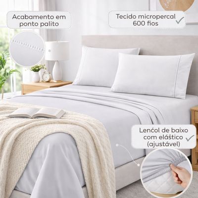 Jogo de Lençol Casal Padrão Premium Soft 600 Fios Micropercal Branco Ponto Palito Toque Macio 4 Peças