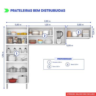 Cozinha Completa Tarsila 280cm Em Aço Branca Com Vidro