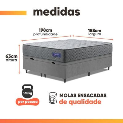 Cama Box Baú Colchão Queen Molas Ensacadas Atlanta 158x198x63cm Cinza