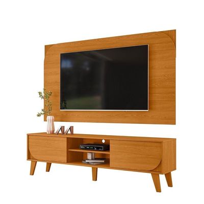 Kit Rack Bancada E Painel Duna 2 Portas Deslizantes Pés De Madeira - Pallazio Cor Cinamomo