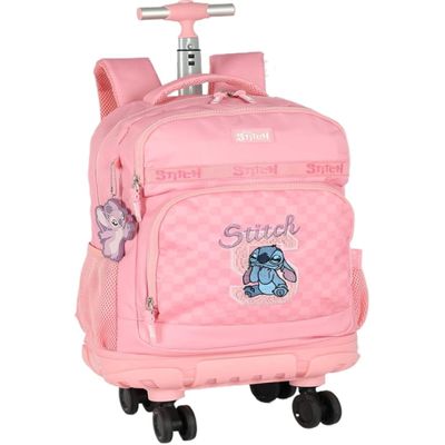 Mochila Escolar Stitch Rodinhas 360° C Alças Rosa Luxcel