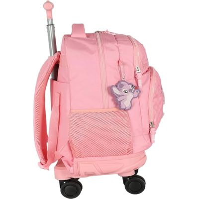 Mochila Escolar Stitch Rodinhas 360° C Alças Rosa Luxcel