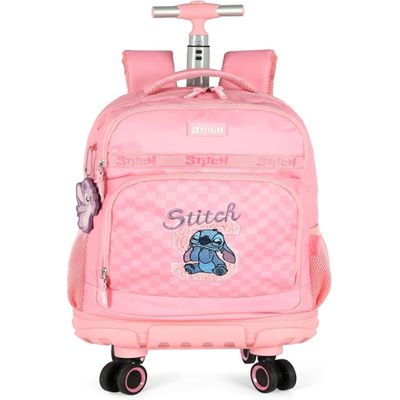 Mochila Escolar Stitch Rodinhas 360° C Alças Rosa Luxcel