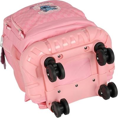 Mochila Escolar Stitch Rodinhas 360° C Alças Rosa Luxcel