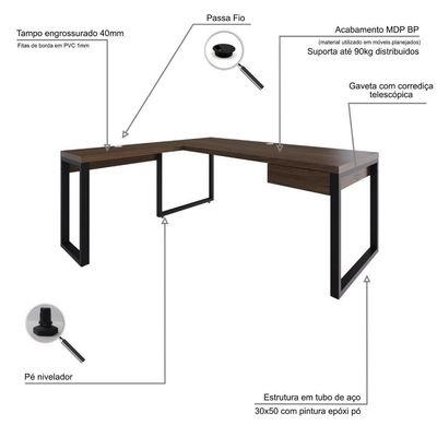 Mesa Em L Presidente C-01 Gav. 190x160x75cm Yon - Nogueira-est.preta Nogueira-est.preta