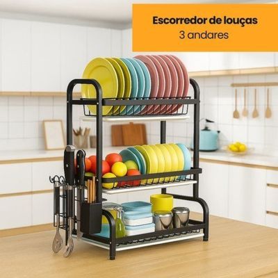 Escorredor de Pratos Triplo Premium Black Design Moderno e Organizador