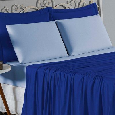 Jogo De Cama King Nobre 4 Peças Lençol Com Elástico De 30cm De Altura Malha 100% Algodão - Royal / Azul-bebê