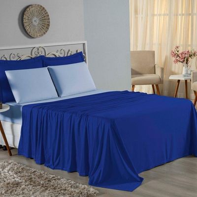 Jogo De Cama King Nobre 4 Peças Lençol Com Elástico De 30cm De Altura Malha 100% Algodão - Royal / Azul-bebê