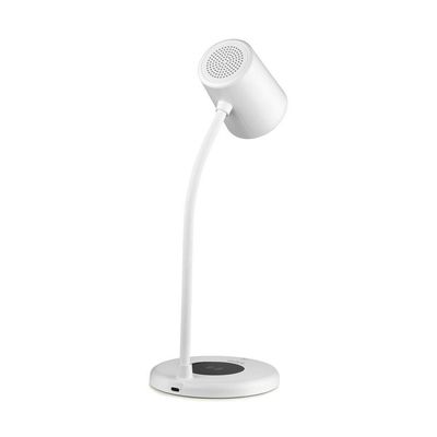 Luminária De Mesa Led 3 Em 1 Branca Com Caixa De Som Bluetooth E Carregador Sem Fio
