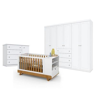 Quarto De Bebê Americano 6 Portas Com Berço Multifuncional Bkids Branco Freijó Eco Wood - Matic - Henn
