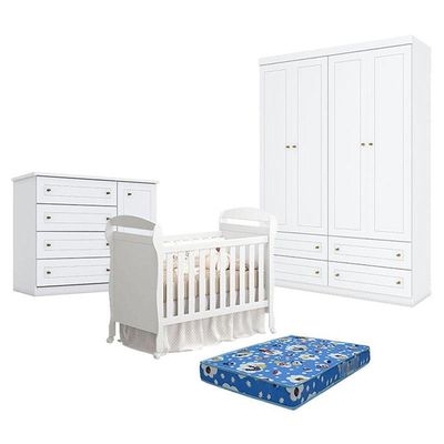 Quarto De Bebê Americano 4 Portas Com Berço Danny Branco Acetinado Reller E Colchão Ortobom - Henn.