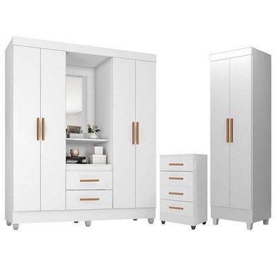 Guarda Roupa Casal Capela Com Cômoda 4 Gavetas E Armário Multiuso Lite Branco Brilho - Móveis Leão