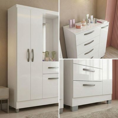 Kit Guarda Roupa Atlas 3 Portas E Cômoda Poquema Branco