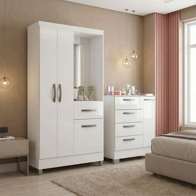 Kit Guarda Roupa Atlas 3 Portas E Cômoda Poquema Branco