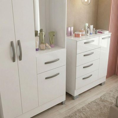 Kit Guarda Roupa Atlas 3 Portas E Cômoda Poquema Branco